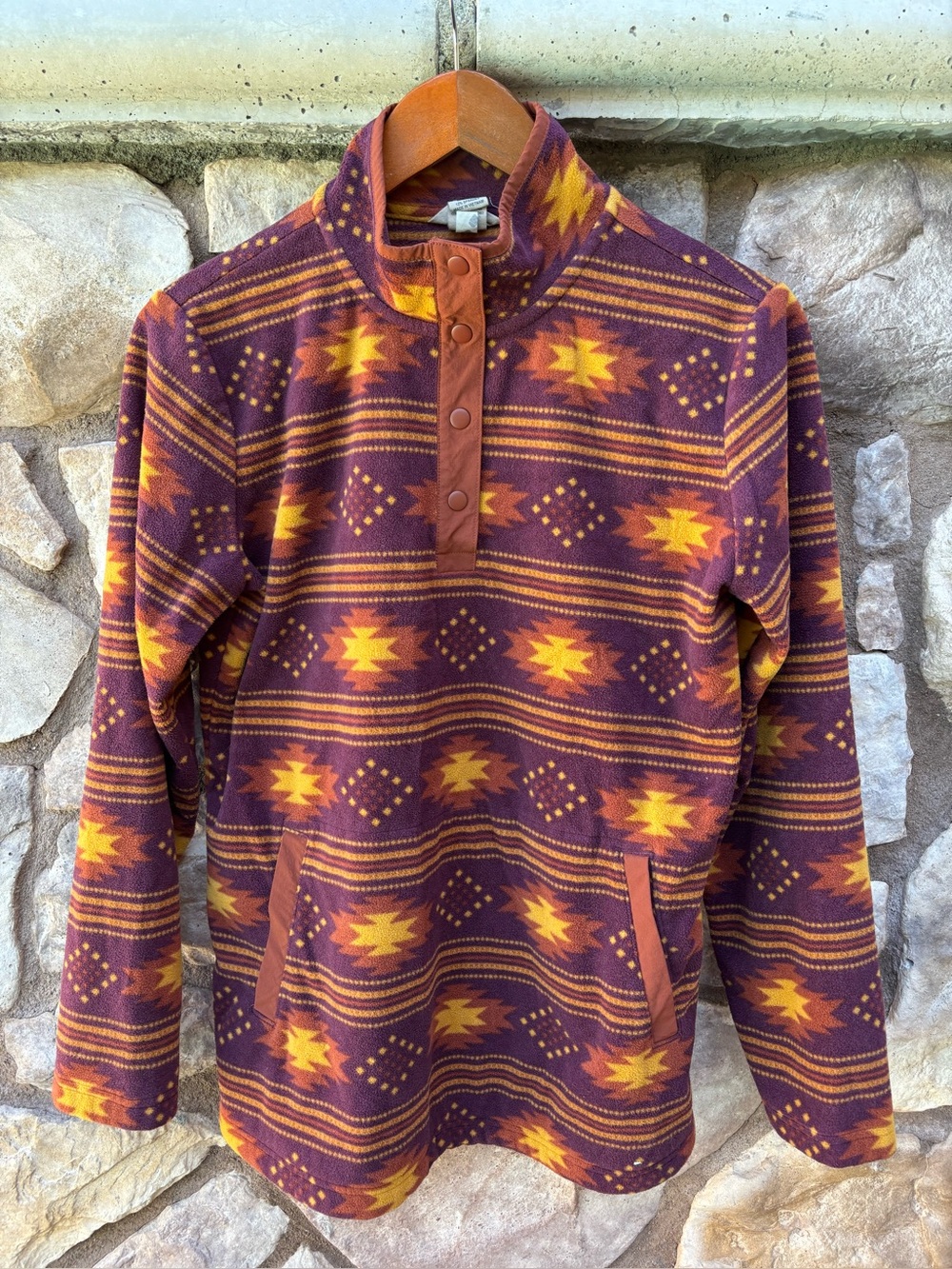 Duluth Trading Co Fleece Pullover Womens M Aztec Southwestern Snap Neck Maroon